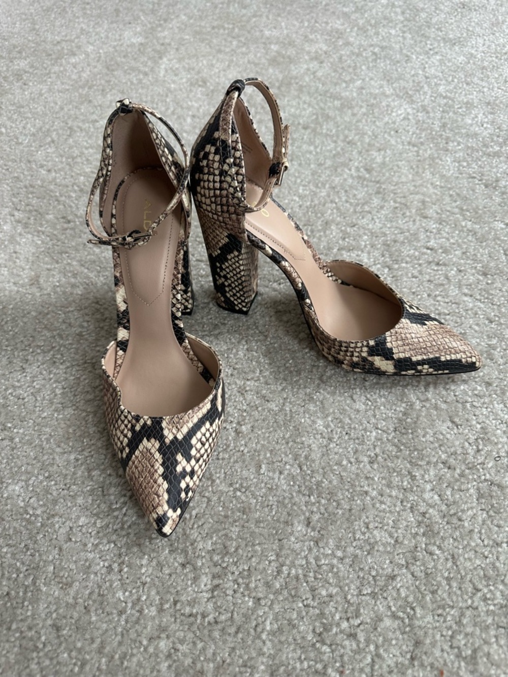 Aldo Snake-Print Pointed Toe Ankle Strap Heels in Beige and Black